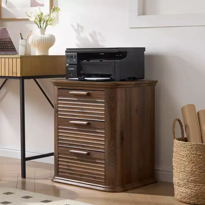 GDFStudio Rosy 22 Fluted Wood Nightstand with Charging Station and 3 Drawers