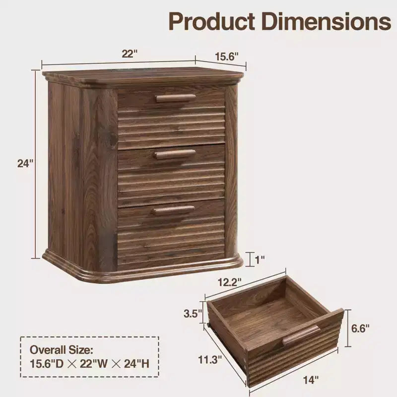 GDFStudio Rosy 22 Fluted Wood Nightstand with Charging Station and 3 Drawers