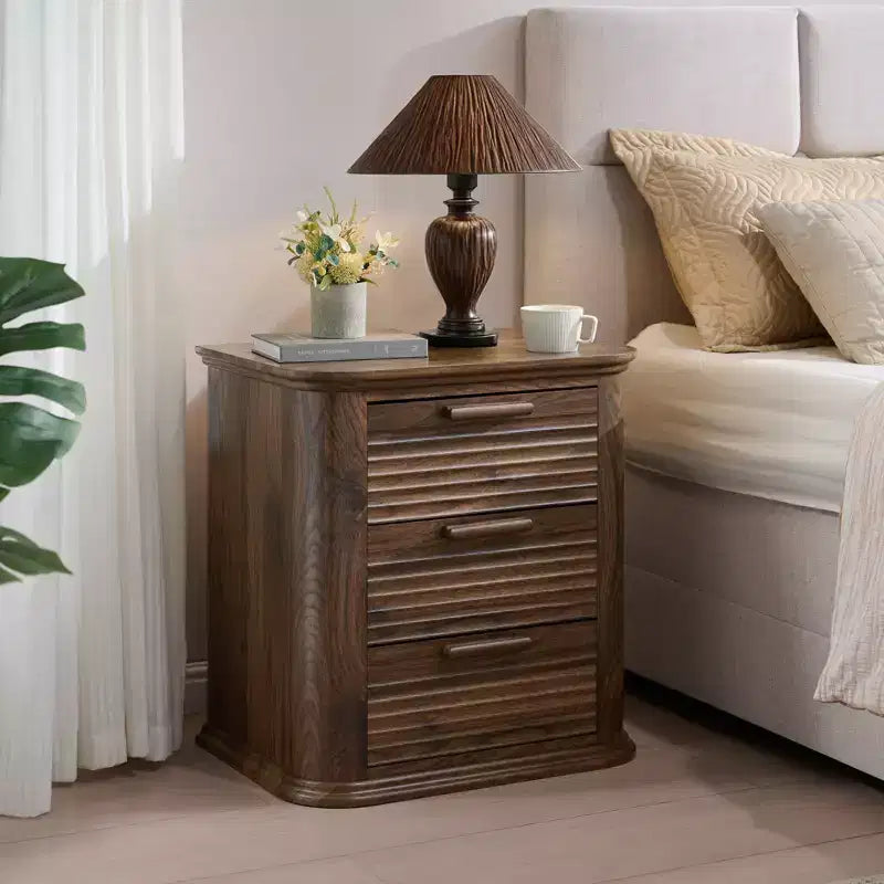 GDFStudio Rosy 22 Fluted Wood Nightstand with Charging Station and 3 Drawers