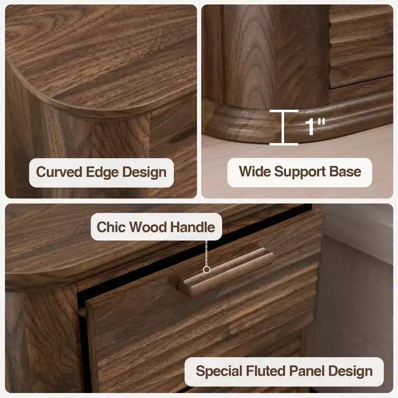 GDFStudio Rosy 22 Fluted Wood Nightstand with Charging Station and 3 Drawers