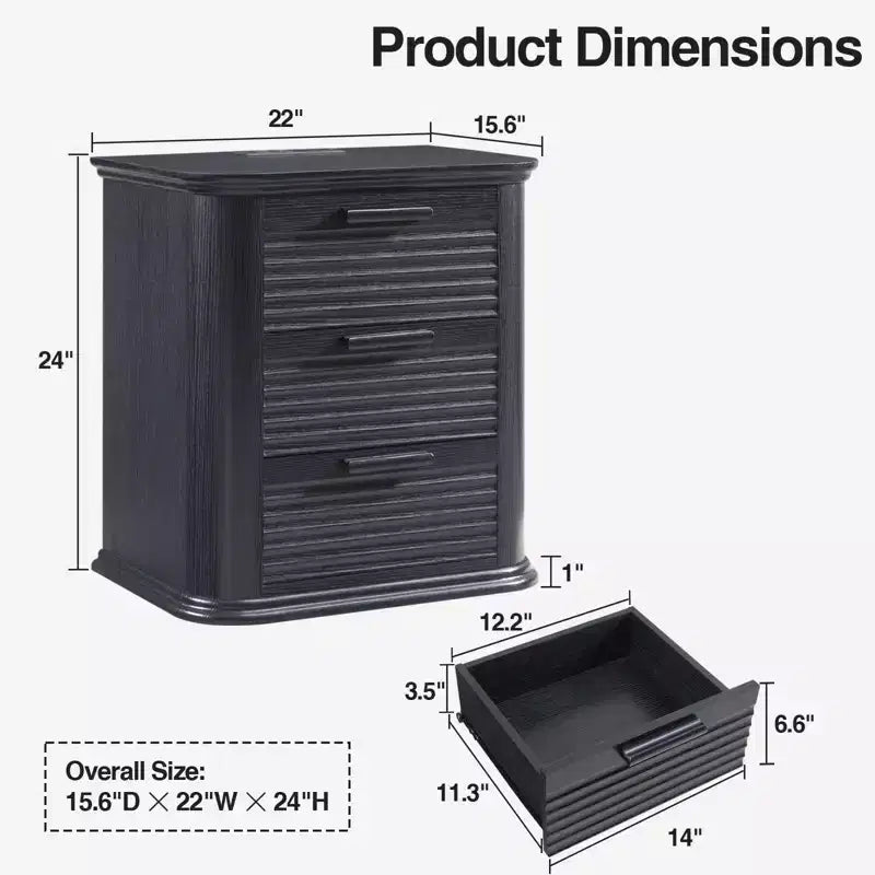 GDFStudio Rosy 22 Fluted Wood Nightstand with Charging Station and 3 Drawers