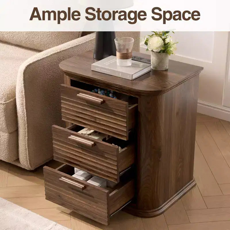 GDFStudio Rosy 22 Fluted Wood Nightstand with Charging Station and 3 Drawers