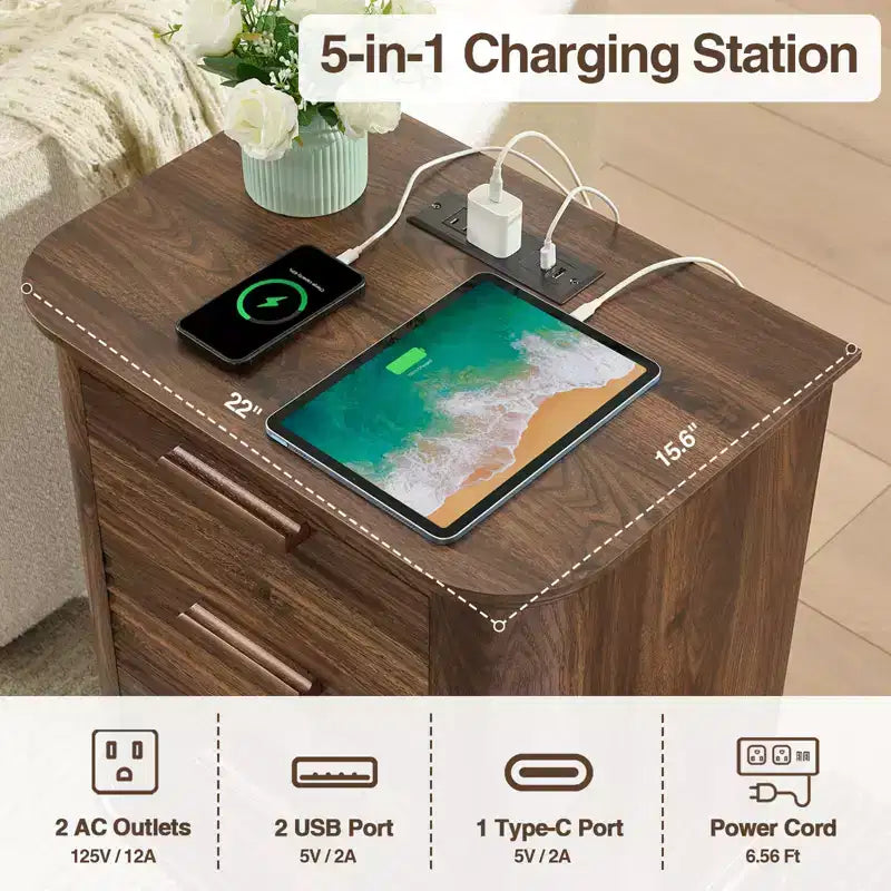 GDFStudio Rosy 22 Fluted Wood Nightstand with Charging Station and 3 Drawers