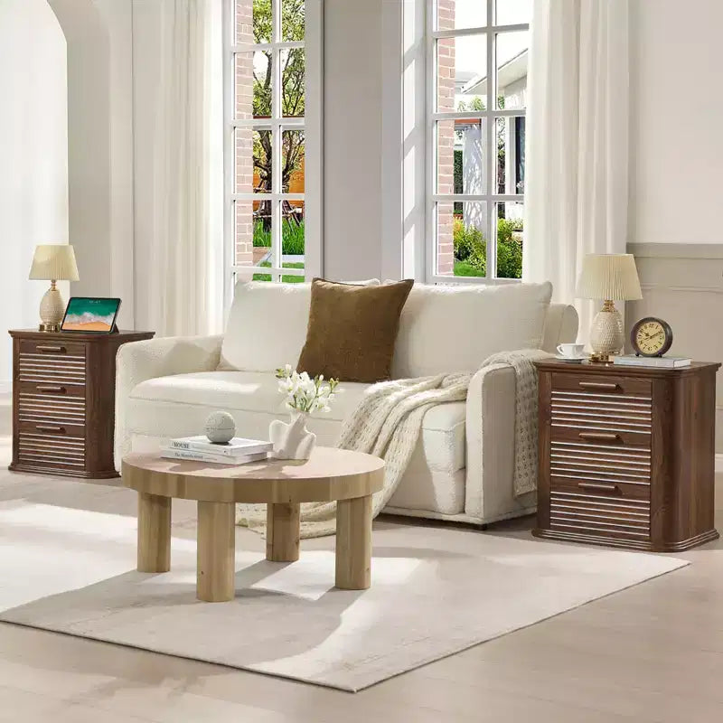 GDFStudio Rosy 22 Fluted Wood Nightstand with Charging Station and 3 Drawers