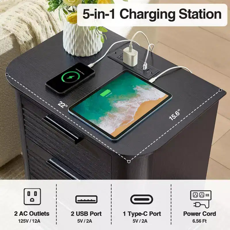 GDFStudio Rosy 22 Fluted Wood Nightstand with Charging Station and 3 Drawers
