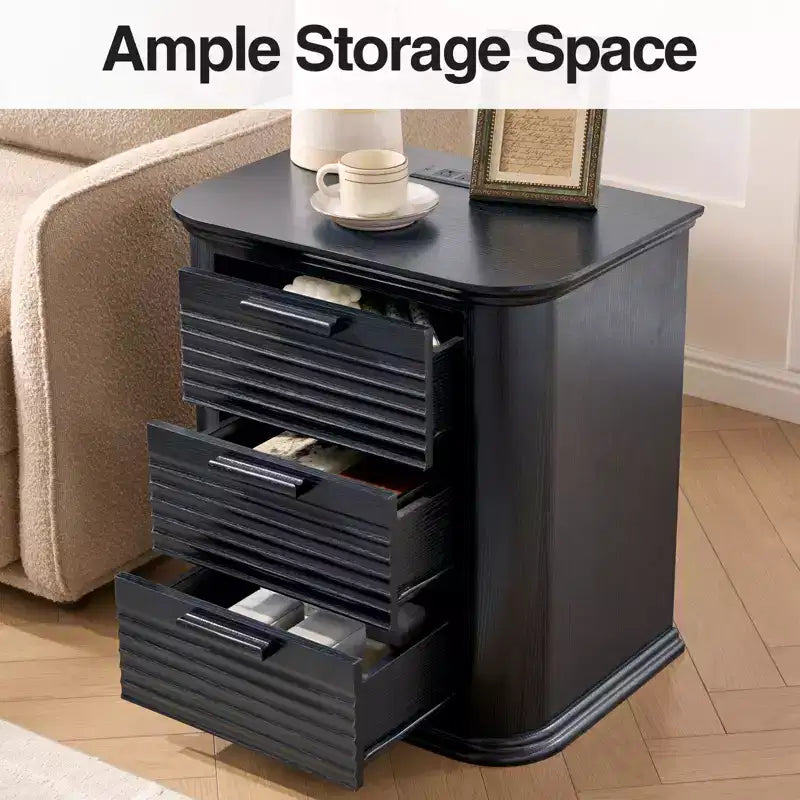 GDFStudio Rosy 22 Fluted Wood Nightstand with Charging Station and 3 Drawers