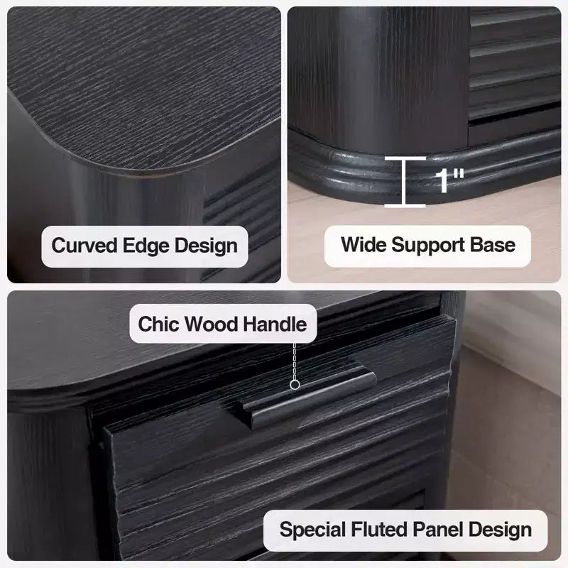 GDFStudio Rosy 22 Fluted Wood Nightstand with Charging Station and 3 Drawers
