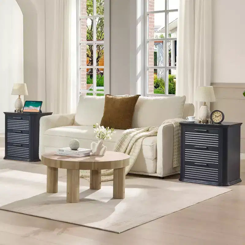 GDFStudio Rosy 22 Fluted Wood Nightstand with Charging Station and 3 Drawers