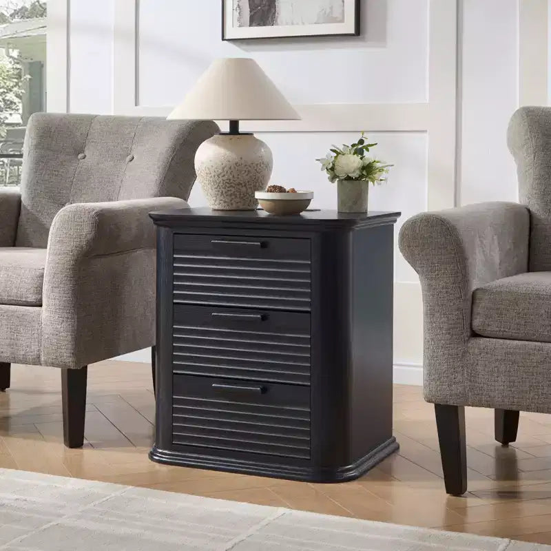 GDFStudio Rosy 22 Fluted Wood Nightstand with Charging Station and 3 Drawers
