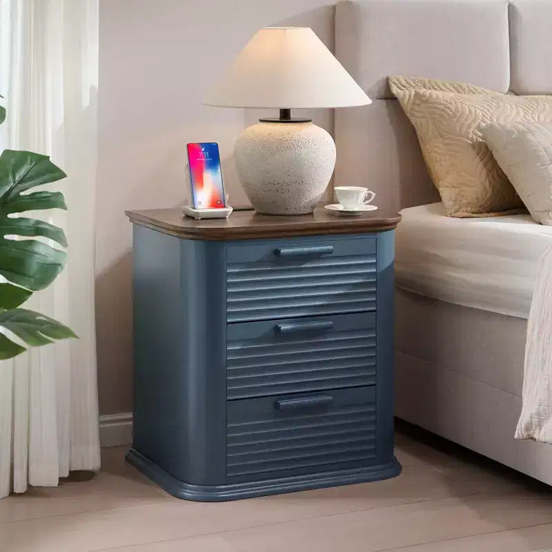 GDFStudio Rosy 22 Fluted Wood Nightstand with Charging Station and 3 Drawers