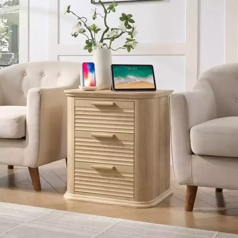 GDFStudio Rosy 22 Fluted Wood Nightstand with Charging Station and 3 Drawers