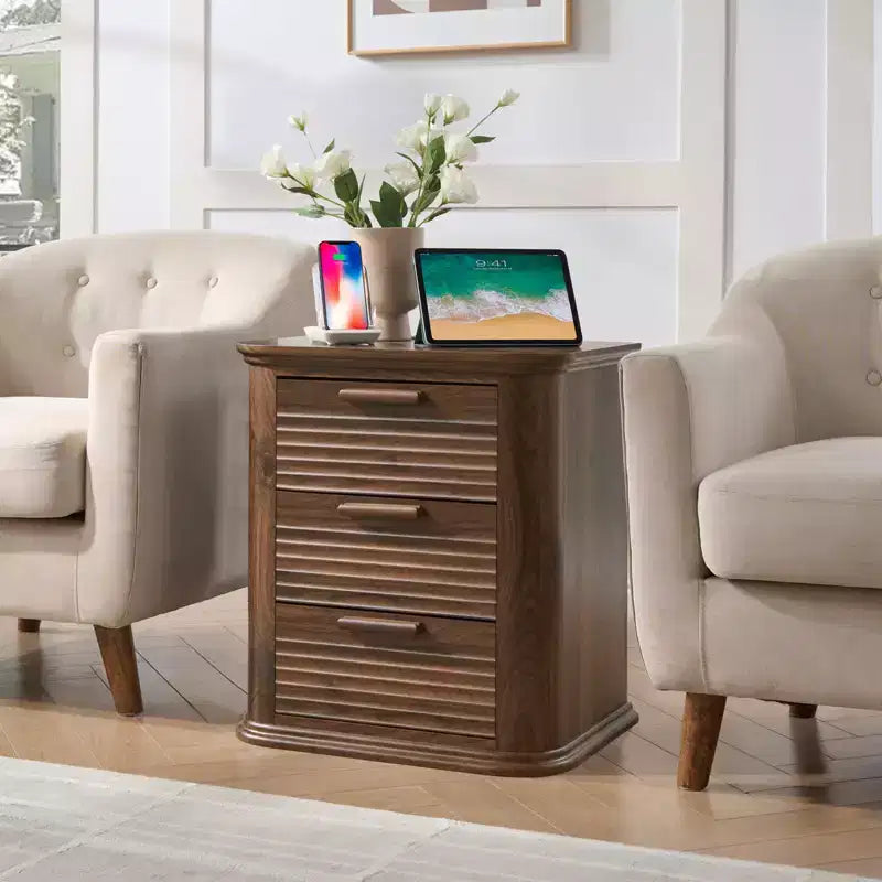 GDFStudio Rosy 22 Fluted Wood Nightstand with Charging Station and 3 Drawers