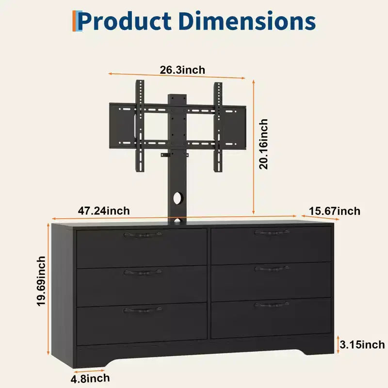 63 Modern TV Stand with Mount for 75-Inch TV, 6 Drawer, Adjustable Height Entertainment Center, for Living Room, Bedroom & Office