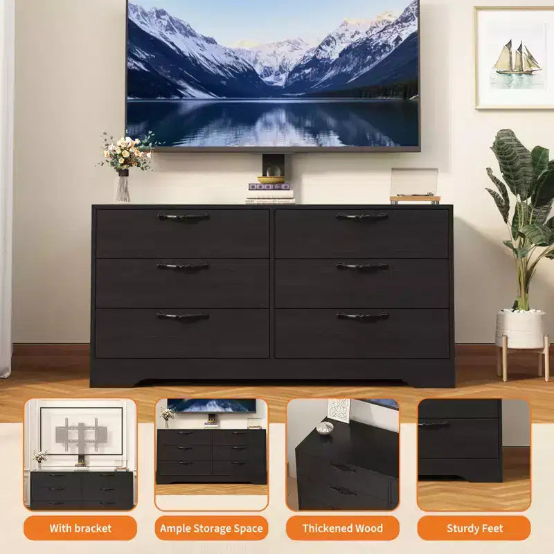 63 Modern TV Stand with Mount for 75-Inch TV, 6 Drawer, Adjustable Height Entertainment Center, for Living Room, Bedroom & Office