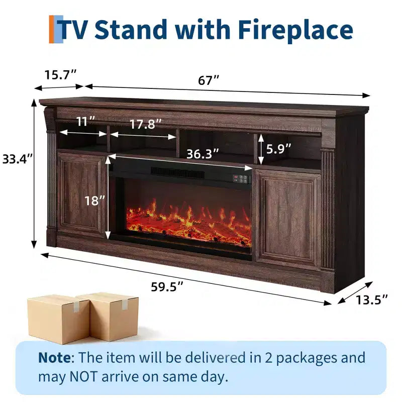 Fireplace TV Stand, Modern Farmhouse Entertainment Center with Sliding Barn Doors, Storage Cabinets & Open Shelves