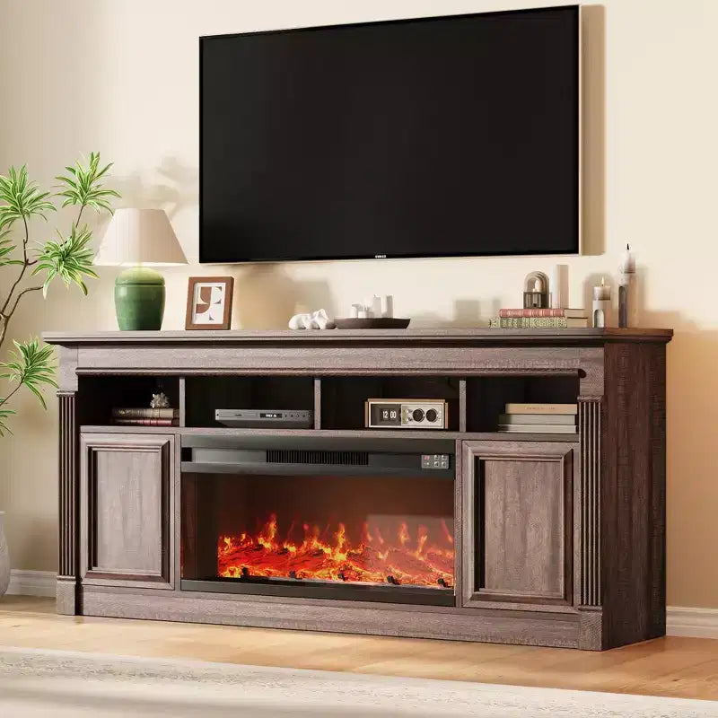 Fireplace TV Stand, Modern Farmhouse Entertainment Center with Sliding Barn Doors, Storage Cabinets & Open Shelves
