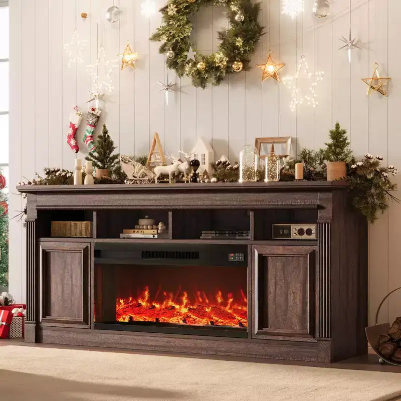 Fireplace TV Stand, Modern Farmhouse Entertainment Center with Sliding Barn Doors, Storage Cabinets & Open Shelves