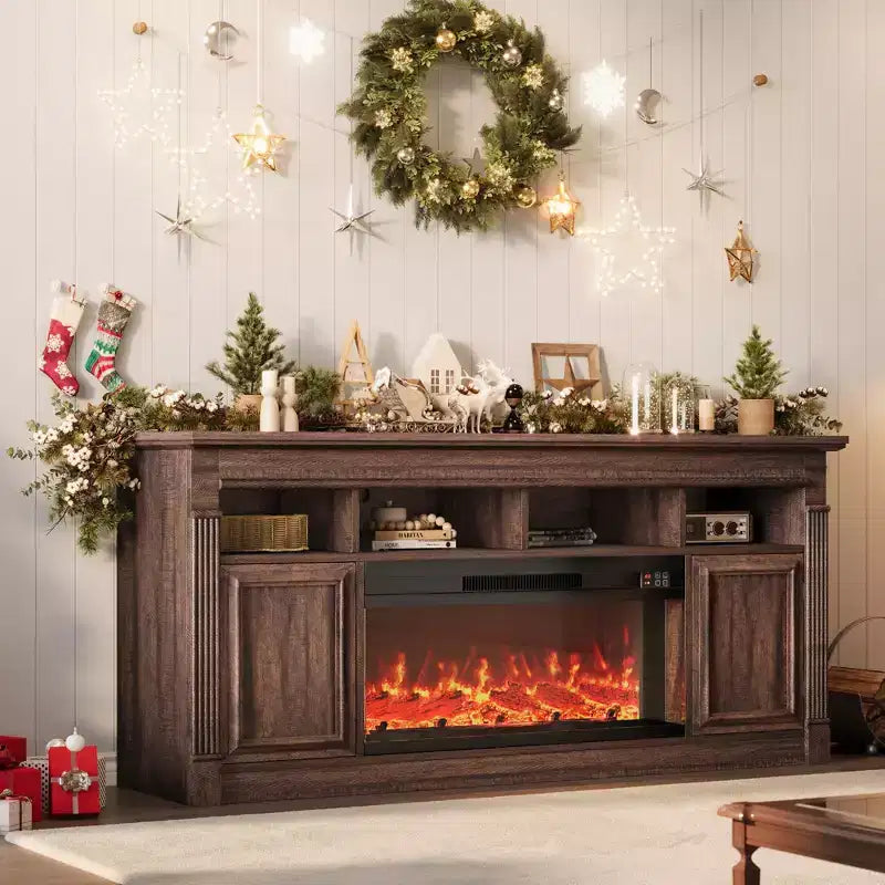 Fireplace TV Stand, Modern Farmhouse Entertainment Center with Sliding Barn Doors, Storage Cabinets & Open Shelves