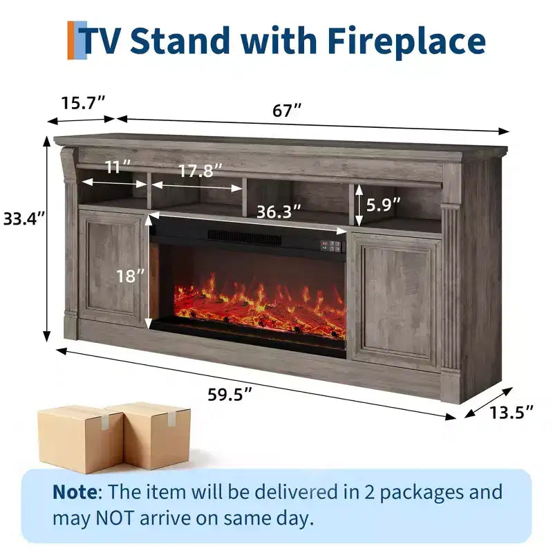 Fireplace TV Stand, Modern Farmhouse Entertainment Center with Sliding Barn Doors, Storage Cabinets & Open Shelves