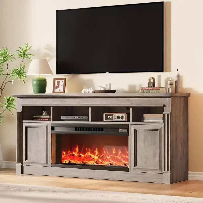 Fireplace TV Stand, Modern Farmhouse Entertainment Center with Sliding Barn Doors, Storage Cabinets & Open Shelves