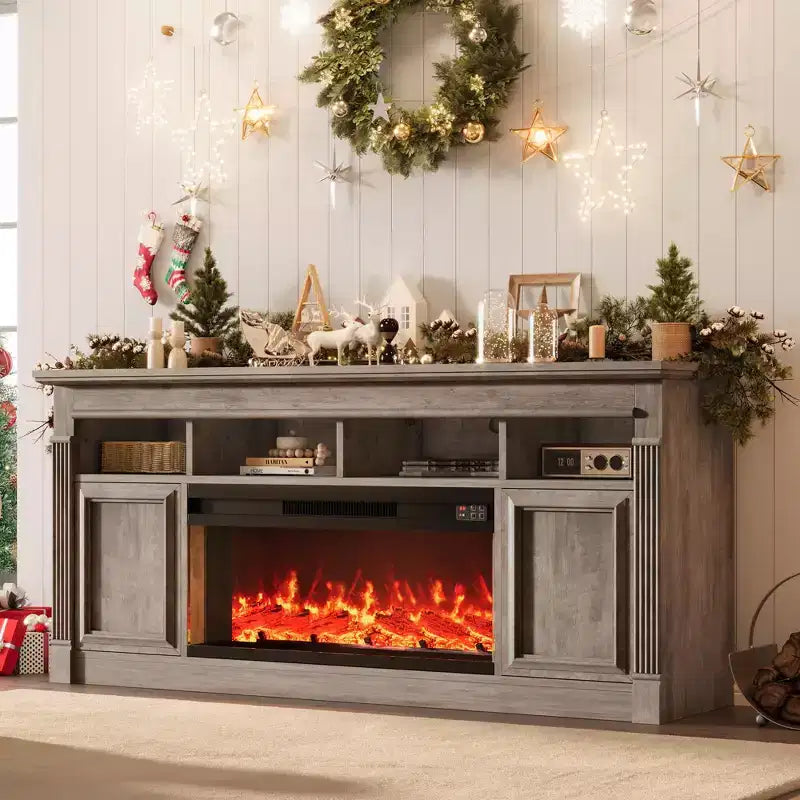 Fireplace TV Stand, Modern Farmhouse Entertainment Center with Sliding Barn Doors, Storage Cabinets & Open Shelves