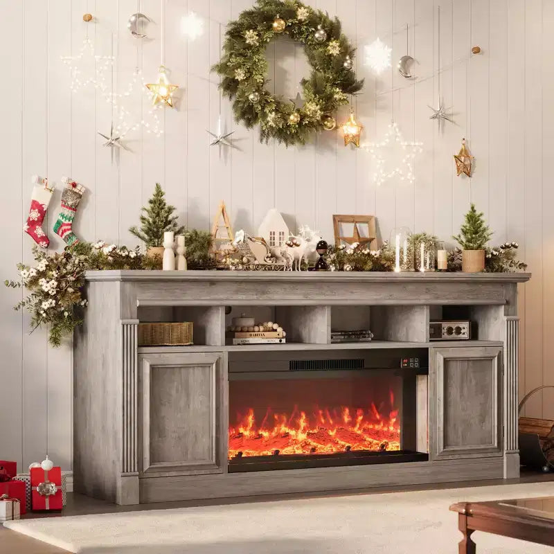 Fireplace TV Stand, Modern Farmhouse Entertainment Center with Sliding Barn Doors, Storage Cabinets & Open Shelves