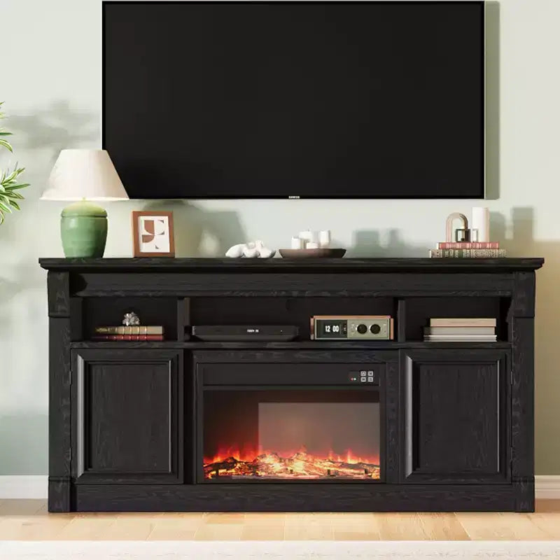 Fireplace TV Stand, Modern Farmhouse Entertainment Center with Sliding Barn Doors, Storage Cabinets & Open Shelves