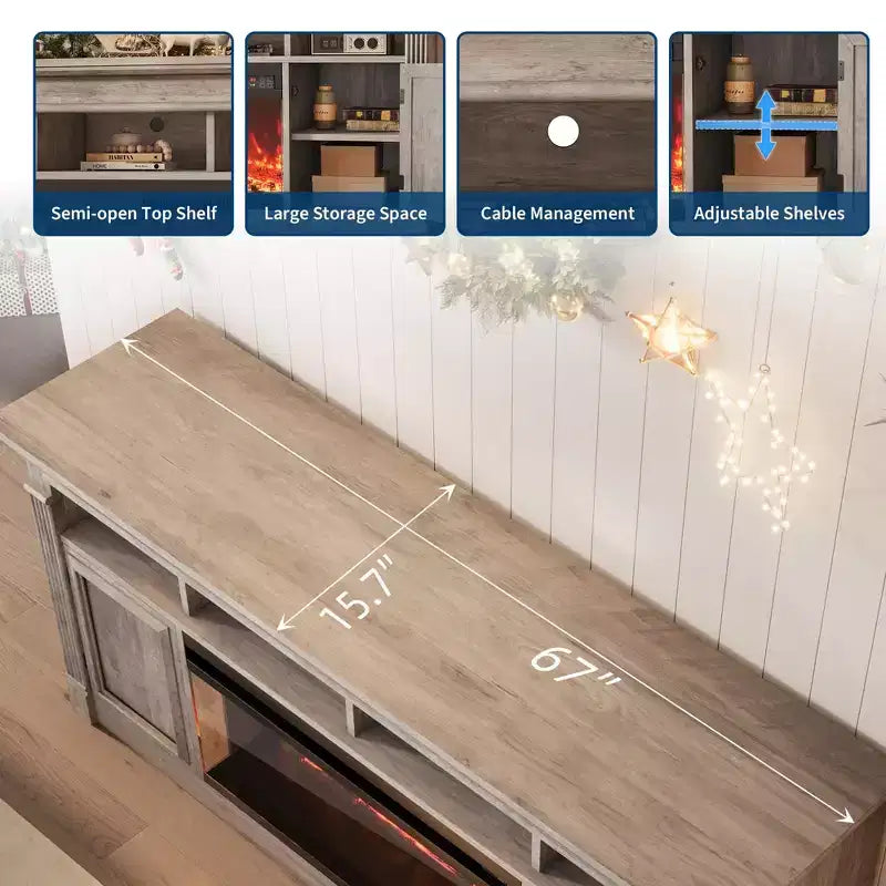 Fireplace TV Stand, Modern Farmhouse Entertainment Center with Sliding Barn Doors, Storage Cabinets & Open Shelves