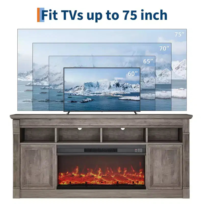 Fireplace TV Stand, Modern Farmhouse Entertainment Center with Sliding Barn Doors, Storage Cabinets & Open Shelves