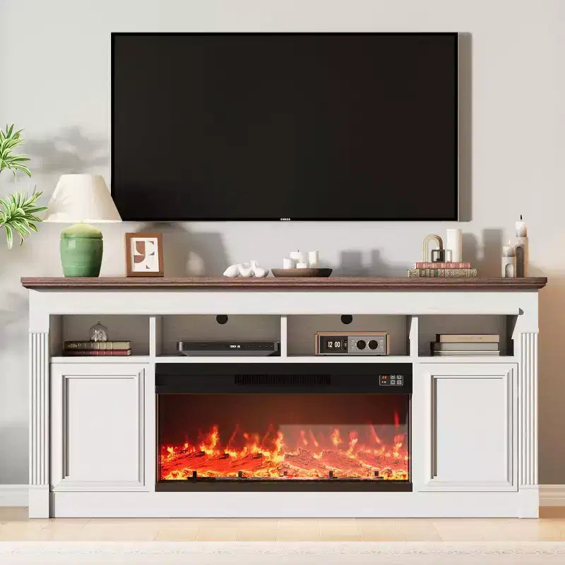 Fireplace TV Stand, Modern Farmhouse Entertainment Center with Sliding Barn Doors, Storage Cabinets & Open Shelves