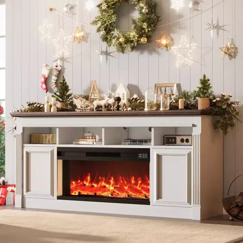 Fireplace TV Stand, Modern Farmhouse Entertainment Center with Sliding Barn Doors, Storage Cabinets & Open Shelves