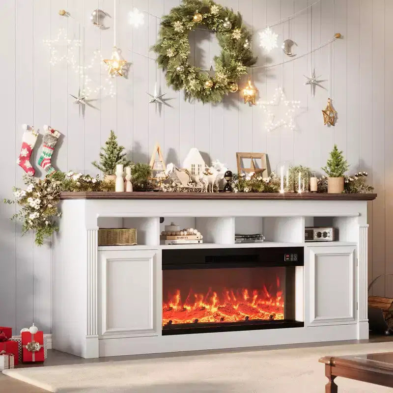 Fireplace TV Stand, Modern Farmhouse Entertainment Center with Sliding Barn Doors, Storage Cabinets & Open Shelves