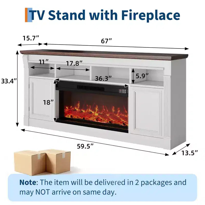 Fireplace TV Stand, Modern Farmhouse Entertainment Center with Sliding Barn Doors, Storage Cabinets & Open Shelves