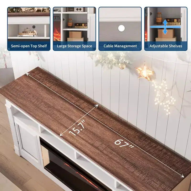 Fireplace TV Stand, Modern Farmhouse Entertainment Center with Sliding Barn Doors, Storage Cabinets & Open Shelves