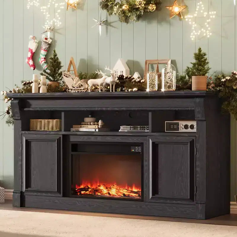 Fireplace TV Stand, Modern Farmhouse Entertainment Center with Sliding Barn Doors, Storage Cabinets & Open Shelves