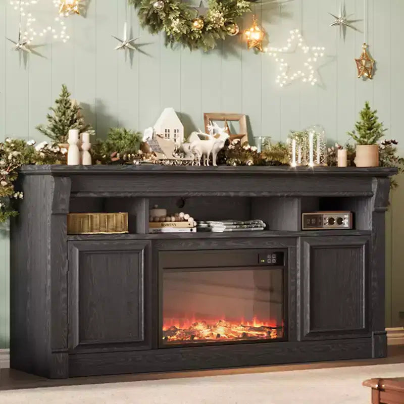 Fireplace TV Stand, Modern Farmhouse Entertainment Center with Sliding Barn Doors, Storage Cabinets & Open Shelves