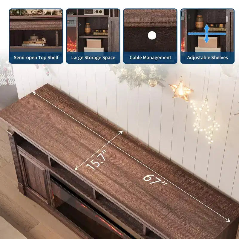 Fireplace TV Stand, Modern Farmhouse Entertainment Center with Sliding Barn Doors, Storage Cabinets & Open Shelves