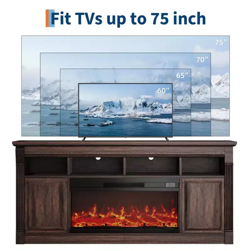 Fireplace TV Stand, Modern Farmhouse Entertainment Center with Sliding Barn Doors, Storage Cabinets & Open Shelves