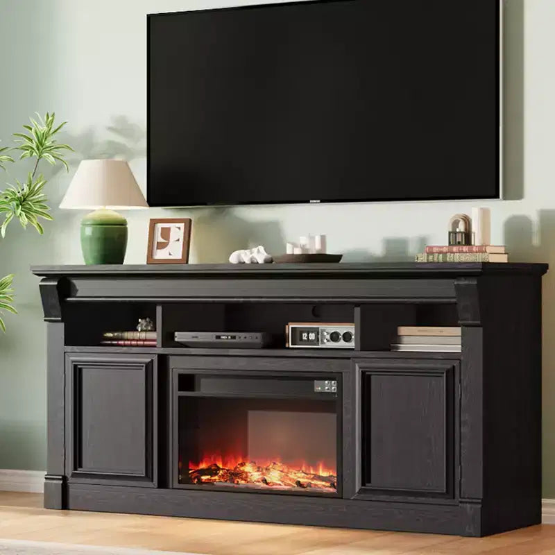 Fireplace TV Stand, Modern Farmhouse Entertainment Center with Sliding Barn Doors, Storage Cabinets & Open Shelves