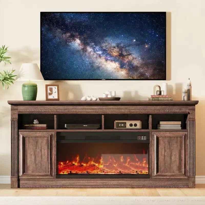 Fireplace TV Stand, Modern Farmhouse Entertainment Center with Sliding Barn Doors, Storage Cabinets & Open Shelves