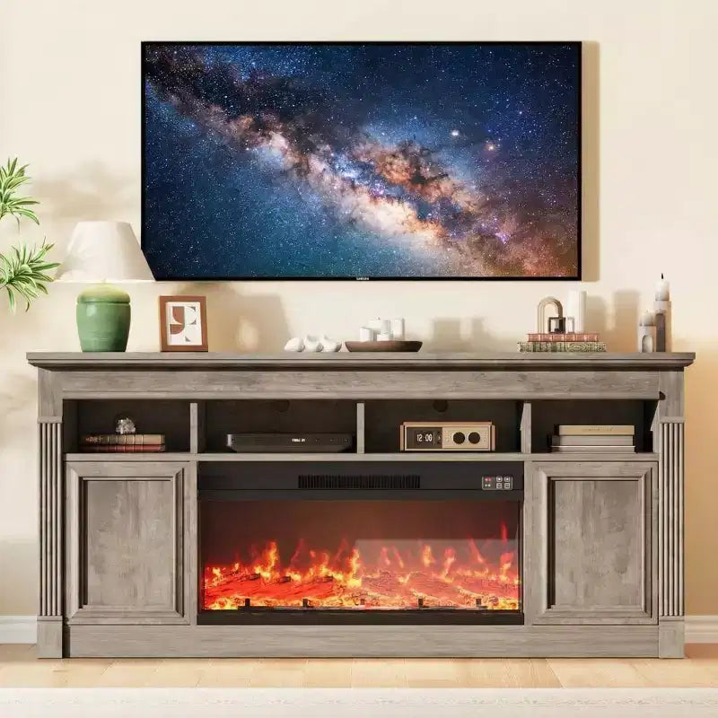 Fireplace TV Stand, Modern Farmhouse Entertainment Center with Sliding Barn Doors, Storage Cabinets & Open Shelves