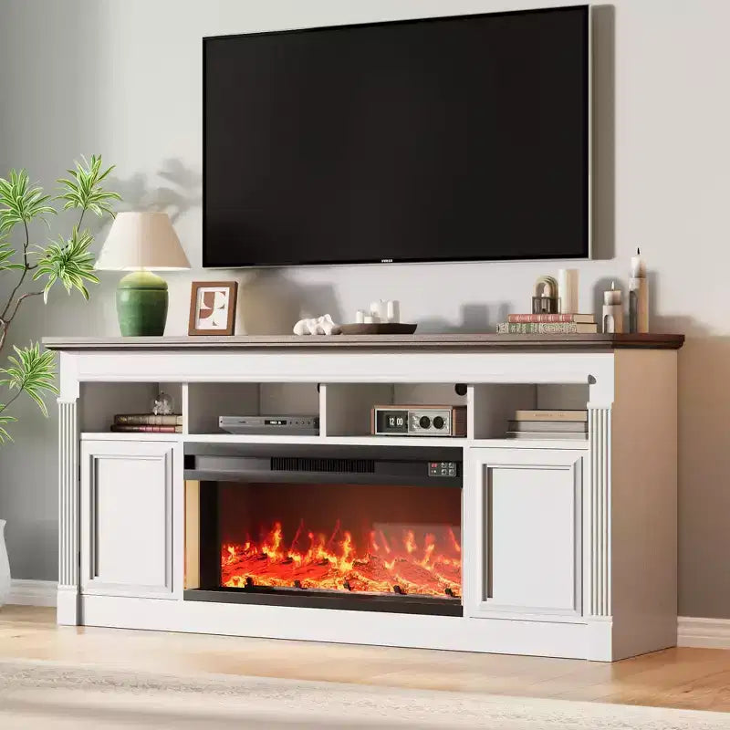 Fireplace TV Stand, Modern Farmhouse Entertainment Center with Sliding Barn Doors, Storage Cabinets & Open Shelves