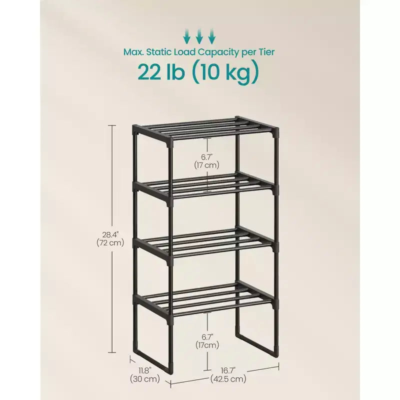 SONGMICS Shoe Rack, 4-Tier Shoe Organizer, Metal Storage Shelf, for 5-10 Pairs, Stackable, Garage, 11.8 x 16.7 x 28.4 Inches, Blac