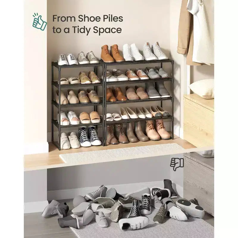 SONGMICS Shoe Rack, 4-Tier Shoe Organizer, Metal Storage Shelf, for 5-10 Pairs, Stackable, Garage, 11.8 x 16.7 x 28.4 Inches, Blac