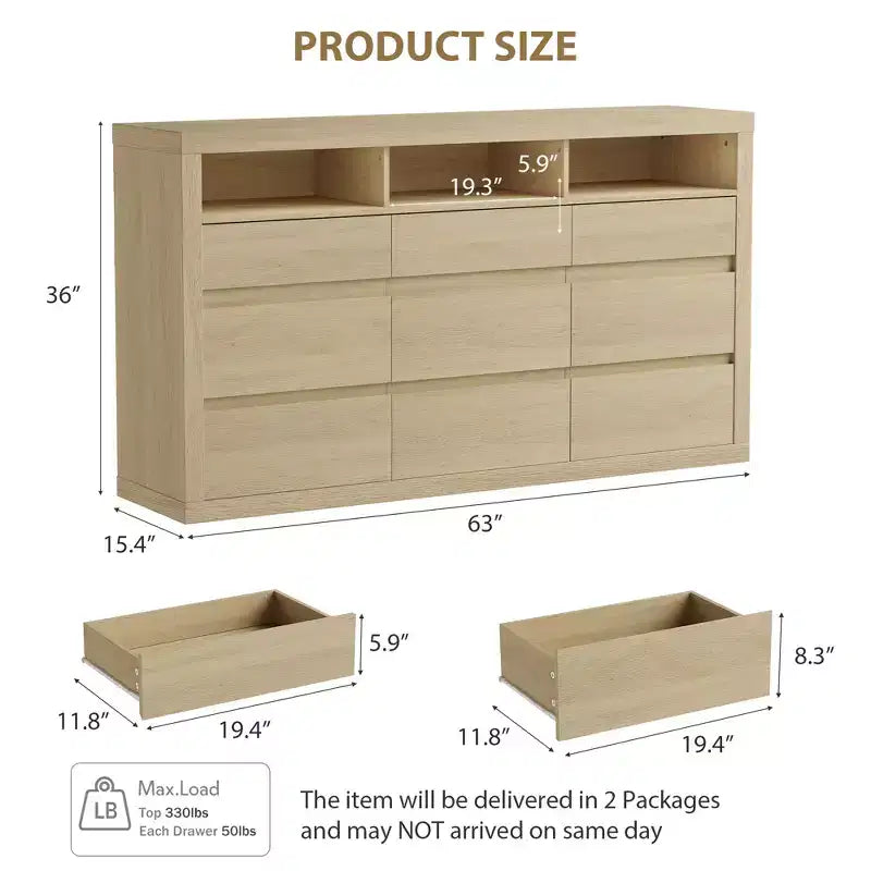 9 Drawer Dresser, Modern Wooden Chest of Drawers with 3 Open Shelves, Dresser for Bedroom, Living Room, Closet Storage