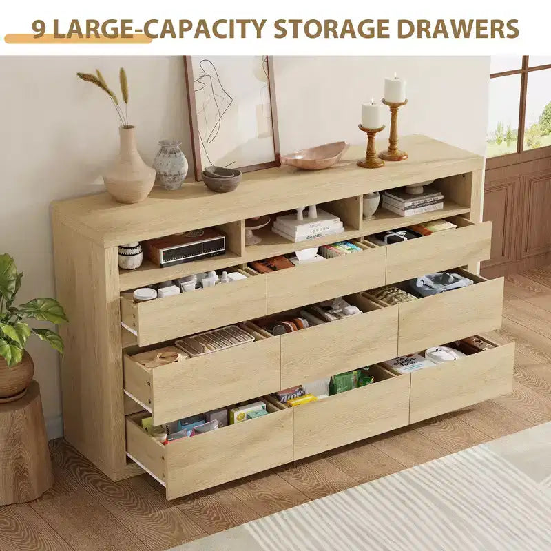 9 Drawer Dresser, Modern Wooden Chest of Drawers with 3 Open Shelves, Dresser for Bedroom, Living Room, Closet Storage