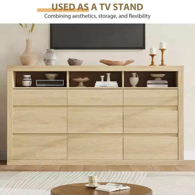 9 Drawer Dresser, Modern Wooden Chest of Drawers with 3 Open Shelves, Dresser for Bedroom, Living Room, Closet Storage