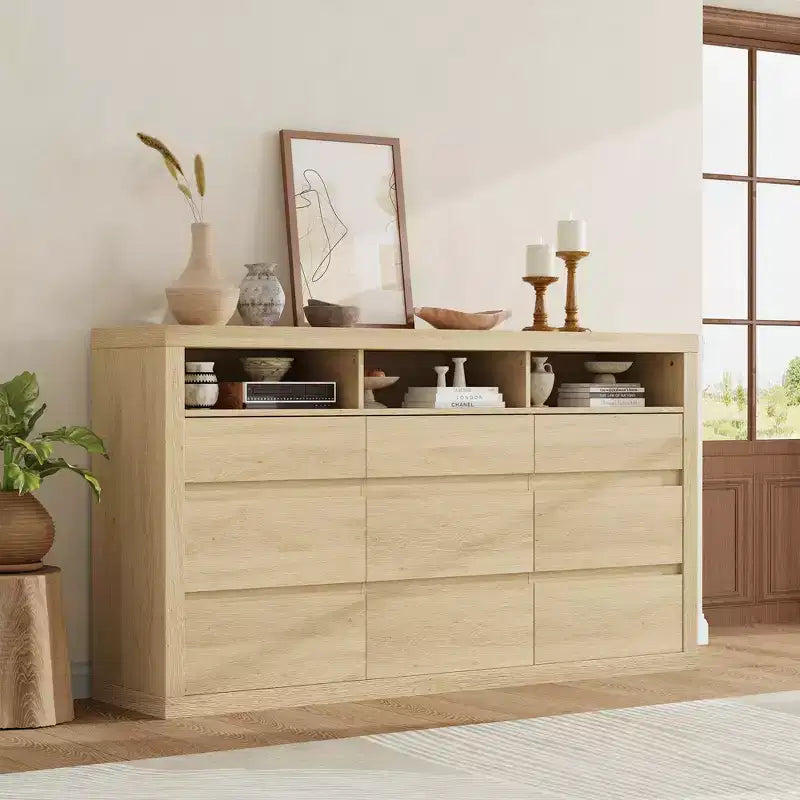 9 Drawer Dresser, Modern Wooden Chest of Drawers with 3 Open Shelves, Dresser for Bedroom, Living Room, Closet Storage