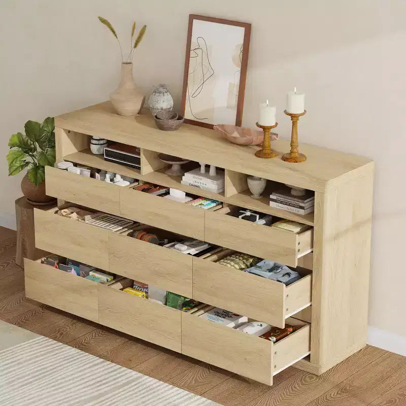 9 Drawer Dresser, Modern Wooden Chest of Drawers with 3 Open Shelves, Dresser for Bedroom, Living Room, Closet Storage