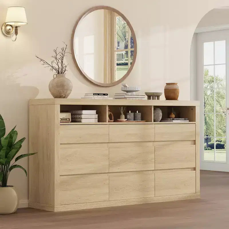 9 Drawer Dresser, Modern Wooden Chest of Drawers with 3 Open Shelves, Dresser for Bedroom, Living Room, Closet Storage